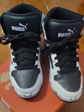 Puma Kids Black and White High-Top Sneakers with Marble Accent